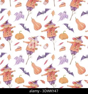 Halloween nahtloses Muster mit Vogelscheuche, Kürbissen, Fledermäusen und Geistern Stockfoto