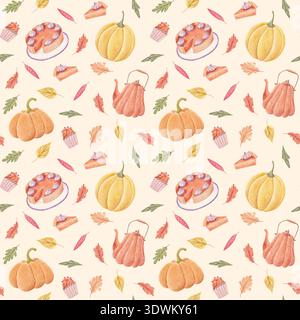 Kürbiskuchen Herbst nahtloses Muster, Erntedankfest Illustration Stockfoto