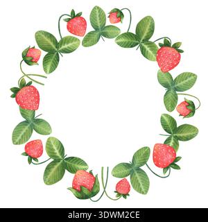 Niedlicher einfacher Kranz aus stilisierten Erdbeeren an einem Stiel und Blättern. Rundrahmen für den Sommer. Handgezeichnete Aquarellillustration isoliert auf einer weißen Ba Stockfoto