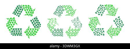 Recyceln Sie das Symbol im Halbton-Stil mit Herzen, Blättern und Recycling-Symbolen. Umweltfreundliches Konzeptdesign für Nachhaltigkeit und Umweltschutz. Stock Vektor