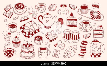 Handgezeichneter Kaffee und Tee Vektor Set mit Desserts, Croissants, Tassen, Teekanne und Süßigkeiten im mediterranen Stil. Gemütliche Frühstückskollektion im Café ideal Stock Vektor