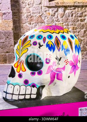 Ein Schädel mit bunten Blumen darauf. Der Schädel ist weiß und hat eine rosa Box um ihn herum Stockfoto