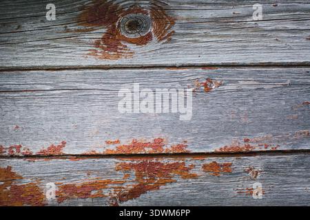 Nahaufnahme von verwitterten grauen Holzbrettern mit abblätternder rötlicher Farbe mit rauer Körnung, Knoten und altertümlicher rustikaler Textur. Stockfoto