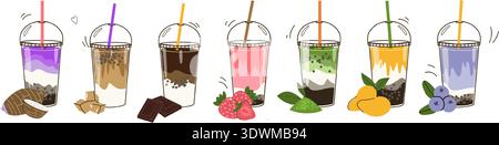 Bubble Tee Doodle Vektor Illustration Set. Boba-Tee im Glas. Vektor flache Zeichentrickillustration isoliert. Stock Vektor