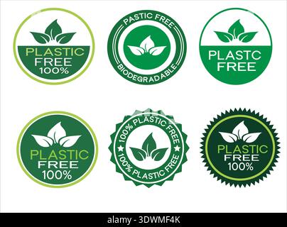 Kollektion mit verschiedenen runden grünen und weißen umweltfreundlichen Abzeichen und Aufklebern mit Blattmotiven und Texten wie „Plastic free 100“ und „Biodegradabl“ Stock Vektor
