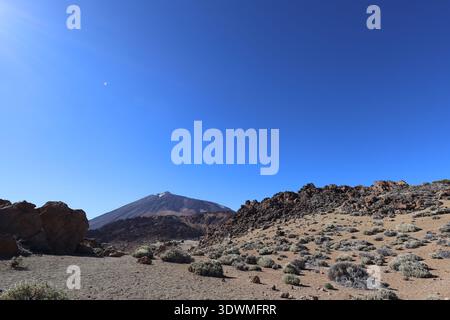Panoramablick auf vulkanische Felsen und weite trockene Landschaft im Teide Nationalpark Teneriffa unter klarem blauem Himmel. Dramatische Naturkulisse, die sich frei ausdrückt Stockfoto