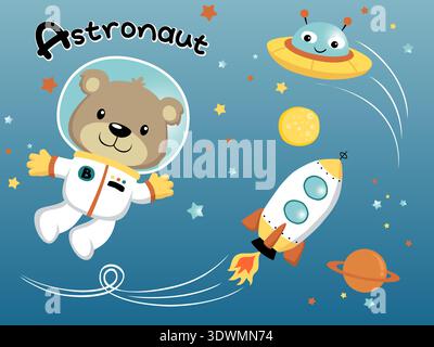 Cartoon-Bär Astronaut erforscht den Weltraum mit Raketen und Planeten. Stock Vektor
