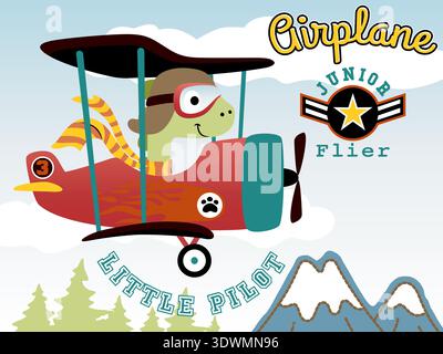 Niedlicher Dinosaurier-Pilot, der einen roten Vintage-Doppeldecker über Berge fliegt. Stock Vektor