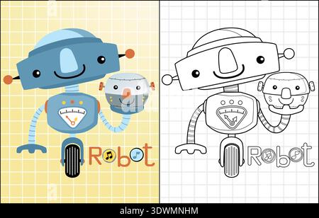Blauer Karikaturroboter auf einem Rad mit Farbseitenversion. Stock Vektor