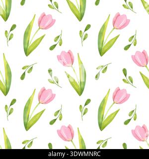 Nahtloses Muster mit frischen, zarten Tulpen mit Blättern und grünen Zweigen. Frühlingsrosa Blumen handgezeichnet in Aquarell. Stockfoto