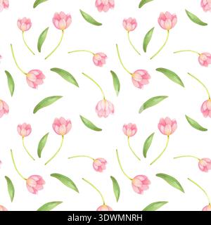 Nahtloses Muster mit frischen, zarten Tulpen und Blättern. Frühlingsrosa Blumen handgezeichnet in Aquarell. Stockfoto
