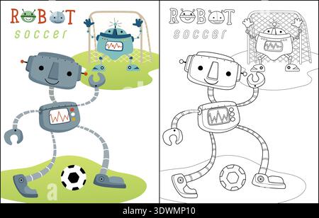 Freundliche Roboter, die auf einem grünen Feld Fußball spielen. Stock Vektor