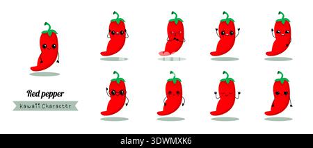 Set von Red Spicy Chilli Pepper Charakteren mit verschiedenen Emotionen. Vektorabbildung Stock Vektor
