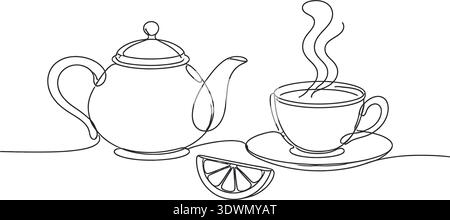 Durchgehende Linienzeichnung von Teekanne mit Teeblättern und Tasse. Stock Vektor