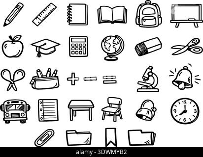 Schule Vektorsatz. Handgezeichnete Studiensammlung. Kritzele zurück zur Schule Skizzen-Illustrationen. Stock Vektor
