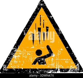 Vektor-Illustration eines Gefahrenzeichens für fallende Eislawinen mit einer Grunge-Textur. Abgenutztes, verkratztes gelbes Dreieckssymbol, das fallende Eisblöcke auf weißem Hintergrund zeigt. Erfüllt internationale Sicherheitsschilder-Normen, einschließlich ISO 7010 W039 ANSI Z535 OSHA und DIN 4844. Gefährdetes industrielles Gefahrenemblem für Arbeitsschutz und Wintersicherheit. Stock Vektor