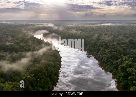 Frankreich, Französisch-Guayana, Kourou, Camp Maripas, der Fluss Kourou, der durch den Regenwald fließt (aus der Vogelperspektive) Stockfoto