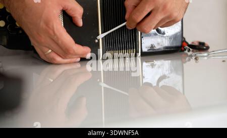 Nahaufnahme der Hände eines Handwerkers mit einem Schraubendreher, um ein Vintage-Akkordeon zu reparieren. Das schwarze Gerät wird auf einem weißen Tisch reflektiert. Helles, sauberes Licht Stockfoto