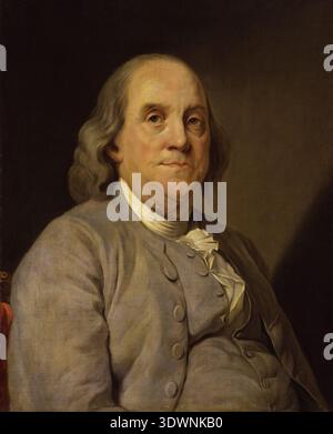 Dieses Ölgemälde um 1780 zeigt Benjamin Franklin, einen prominenten Gründungsvater der Vereinigten Staaten. Das Porträt, das Joseph Siffred Duplessis zugeschrieben wird, fängt Franklin mit einem ruhigen Ausdruck ein, der eine Periperücke und eine Puderperücke trägt, eine klassische Kleidung des 18. Jahrhunderts. Stockfoto