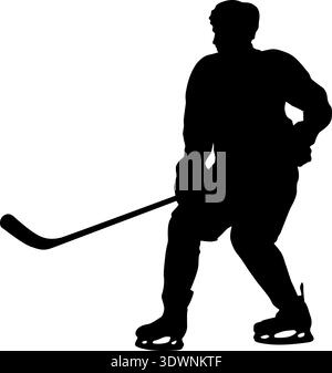 Schwarze Silhouette eines Eishockeyspielers, der einen Stock hält, isoliert auf weißem Hintergrund. Dynamische Pose, perfekt für Sportdesign, Logo, Emblem oder Team Stock Vektor