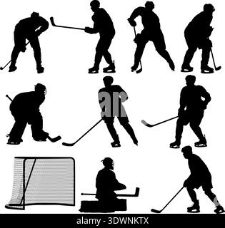 Set aus Eishockey-Elementen in schwarzer Silhouette, darunter Spieler, Torhüter, Tornetz und Duellszenen auf weißem Hintergrund. Entnahme für spor Stock Vektor