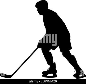 Schwarze Silhouette eines Eishockeyspielers, der einen Stock hält, isoliert auf weißem Hintergrund. Dynamische Pose, perfekt für Sportdesign, Logo, Emblem oder Team Stock Vektor