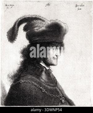 Dieser Kupferstich von 1632 zeigt ein Profilporträt von Georg I. Rákóczi, Prinz von Siebenbürgen, von Jan Gillisz. Van Vliet nach einem Entwurf des berühmten Künstlers Rembrandt van Rijn. Die komplizierten Details seiner Pelzmütze und -Kette sind charakteristisch für die Barockzeit. Stockfoto