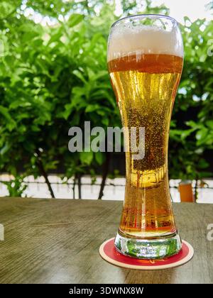 Ein Glas frisches Lagerbier mit Schaum im Garten im Freien Stockfoto