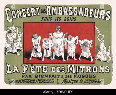 Farbiges lithographisches Poster von Jules Chéret zur Förderung von Bienfait und Mogolis in der humorvollen Musikkomödie „La fête des Mitrons“ (The Bak Stockfoto