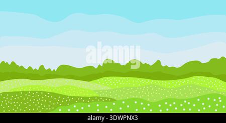 Frühling farbenfrohe Landschaft, Hügel Felder mit Blumen, grünes Gras an sonnigem Tag, wunderbares Panorama der ruhigen entspannenden Landschaft, sonnige Wiese natürlichen Hintergrund Stock Vektor