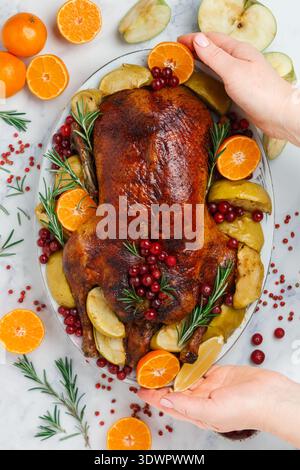 Gebackene weihnachtsente oder Gans, gefüllt mit Äpfeln und Preiselbeeren mit Mandarine, Rosmarin, Beere und Gewürzen in den Händen des Kochs. Selektiver Fokus Stockfoto