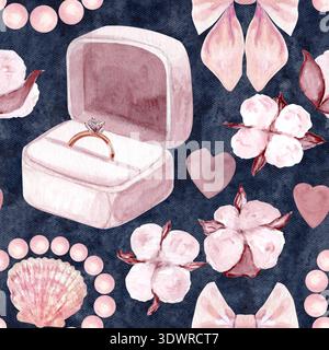 Offene Ringbox, Verlobungsring, Schale, Perlen, Baumwollblumen, Band, Herzen. Handgemaltes nahtloses Aquarellmuster auf dunklem Hintergrund. Perfekt Stockfoto