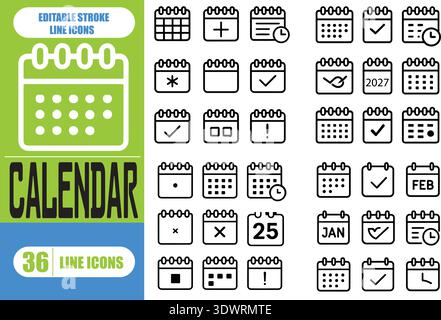 Minimale Kalender- und Datumszeilensymbole wie Zeitplan, Ereignis, Termin, Erinnerung, Planer, und Zeitmanagement. Bearbeitbare Darstellung des Konturvektors Stock Vektor