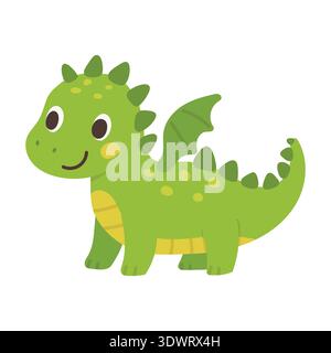 Niedliche grüne Drachen-Zeichentrickfigur mit Flügeln und Stacheln, perfekt für Kinderzimmer-Dekor, Kinder-Branding, Fantasy-Storybook-Design und verspieltes Maskottchen Stock Vektor