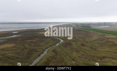 Aus der Vogelperspektive verwinkelte Wasserstraßen, die sich durch das Sumpfgebiet schlängeln, wo gedämpfte Erdtöne auf den düsteren Horizont treffen, Nieuw Name, Zeeland, Niederlande. Stockfoto