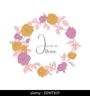 Handgezeichnete Strichkunst Retro-Palette gelbe und lila Rosenblüten, runder Rahmen mit Text June Stock Vektor