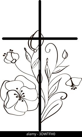 Konturvektorzeichnung, die christliche religiöse Kreuze, die mit floralen Elementen verschmelzen, symbolisieren Glauben, ostern und Hoffnung Auferstehung Copyspace. Stock Vektor