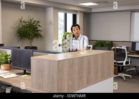 Mittelgroßer asiatischer Mann, der hinter Holztheke in kariertem Hemd steht und Tablette in der Nähe von Monitoren hält. Rezeption, Arbeitsbereich, offener Plan, Grün, Tageslicht, Scrre Stockfoto