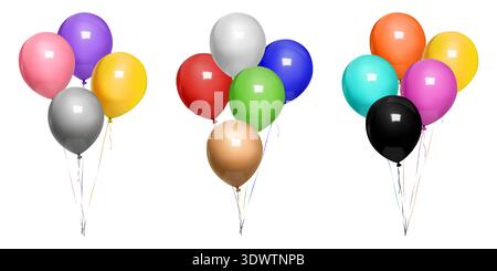 Mehrfarbige Ballonbänke, 3D-Geburtstagsgeschenk-Mockup. Realistisches Vektorelement mit Zeichenfolgenbindung für Einladung, runde Party-Symbolgruppe. Satz von Stock Vektor