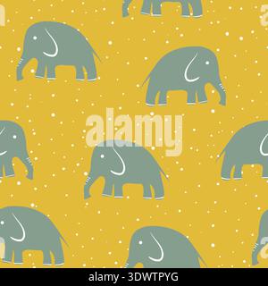 Nahtloses Tiermuster mit Zeichentrickfilm-Baby-Elefant auf farbigem Hintergrund. Niedliche Feiertagsillustration mit Elefanten. Design für Einladung, Poster, Karte Stock Vektor