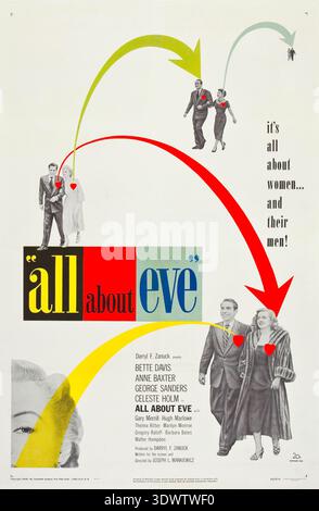 Ein Vintage-Filmposter für „All About Eve“ (1950) zeigt ein dynamisches Grafikdesign. Bunte Pfeile und ausgeschnittene Figuren veranschaulichen die komplexen Beziehungen und Machtdynamiken zwischen den Charakteren und spiegeln das Thema des Films über Frauen und ihre Männer wider. Stockfoto