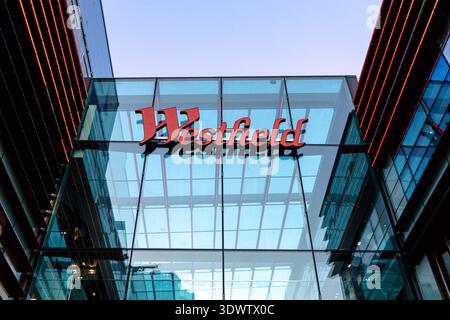 Logo des Einkaufszentrums Westfield Stratford in Stratford, London, England Stockfoto