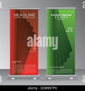 Abstrakte Roll-Up-Banner-Vorlage, vertikale Banner-Design-Vorlage, Roll-up-Banner mit roter und grüner Farbe, Broschüre, Business, Flyer. Stock Vektor