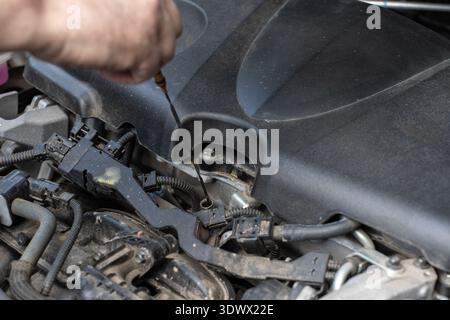 Eine Person überprüft den Ölstand im Motorraum eines Fahrzeugs mit einem Messstab. Diese routinemäßige Wartungsaufgabe gewährleistet die einwandfreie Funktion des Motors Stockfoto