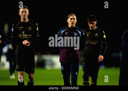 Heerenveen - Milan Zonneveld aus Sparta Rotterdam, Julian Baas aus Sparta Rotterdam, Casper Terho aus Sparta Rotterdam während der Eredivisie Saison 2025/2026. Das Spiel findet am 28. Februar 2026 in Heerenveen gegen Sparta Rotterdam Eredivisie 2025-2026 im Abe Lenstra Stadion in Heerenveen, Niederlande statt. (VK Sportphoto/Danny de Groot) Stockfoto