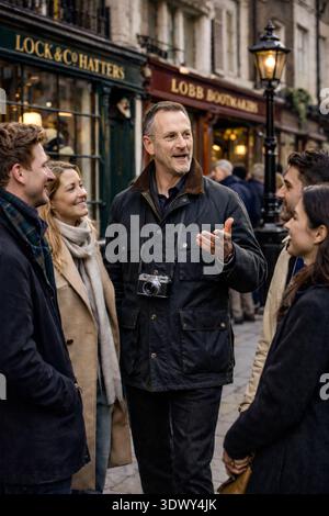 Luxuriöser Reiseleiter, der eine kleine, exklusive Gruppe auf einem historischen Spaziergang durch die Geschäfte und Denkmäler in St. James, London, England, führt Stockfoto