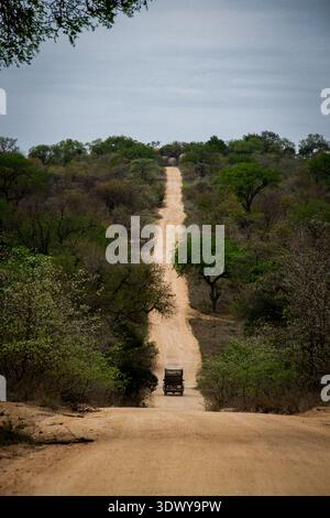 Safari-Fahrzeug fährt die Dusty Road in African Bush entlang Stockfoto
