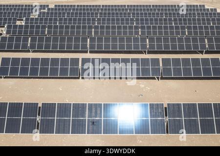Top-Down-Drohnenaufnahme von Solar-Photovoltaik-Arrays in einer Wüstenumgebung, Teil einer Hybrid-Wind- und Solaranlage. Stockfoto
