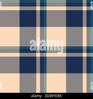 Kariertes Karomuster mit Schottenkaro und Stoffmuster im Hintergrund der Mutter. Textil mit nahtloser Vektorstruktur aus den 70er Jahren in blauen und pfirsichfarbenen Farbtönen. Stock Vektor