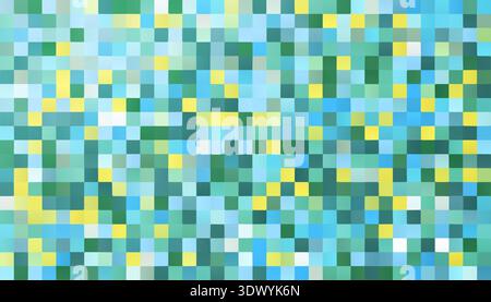 Modernes Muster aus hellen und farbenfrohen Fliesen oder Quadraten. Abstrakter geometrischer Vollformathintergrund mit Kopierraum in Grün-, Gelb- und Blautönen. Stockfoto